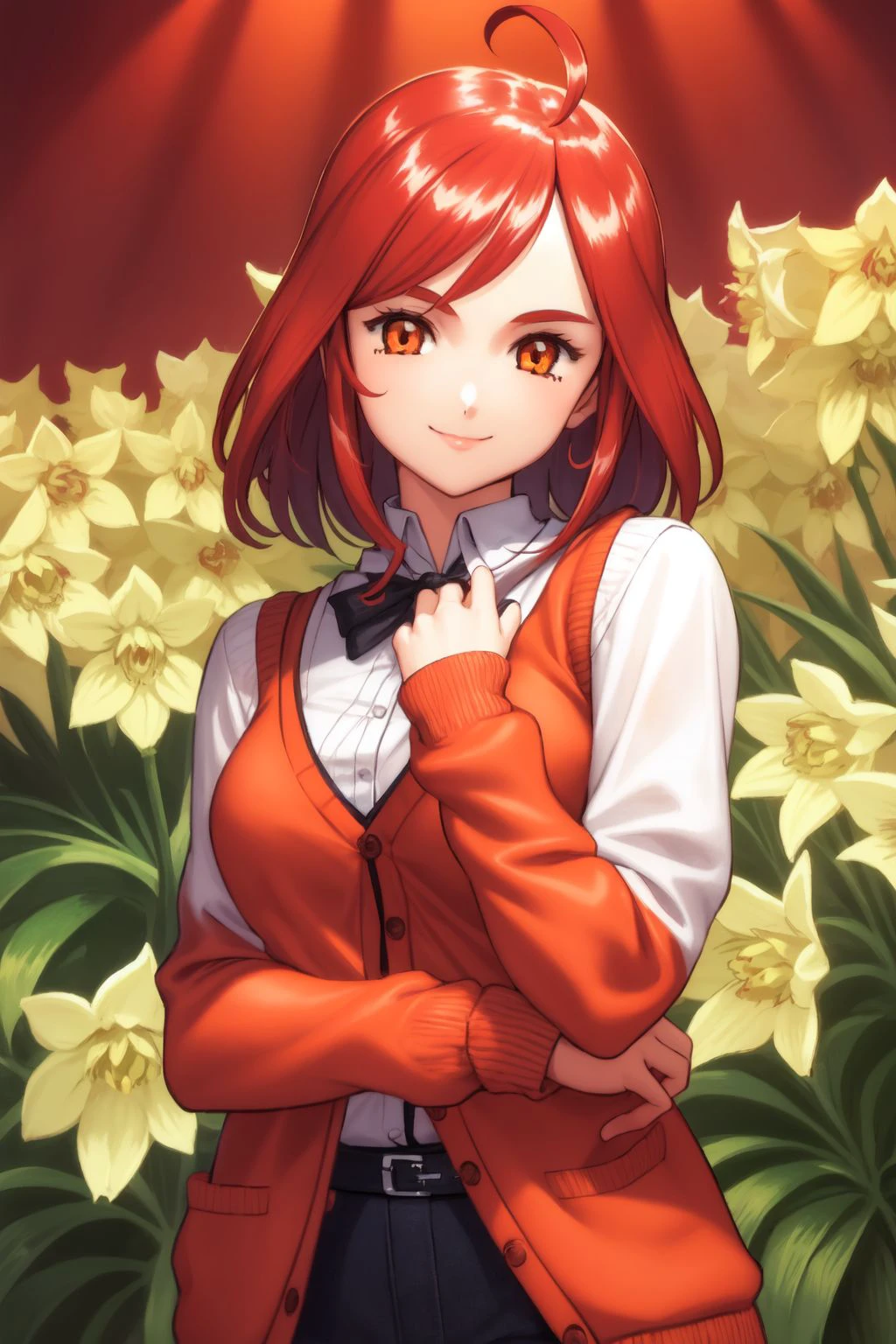 upper body, solo, 1girl, looking at viewer, smile, blush, medium breasts, red hair, ahoge, orange eyes, beautiful detailed face, ultra detailed eyes, red cardigan vest, sunbeam, Cymbidium \(flower\), floral background <lora:fujishima_kousuke_style_v04:1>
