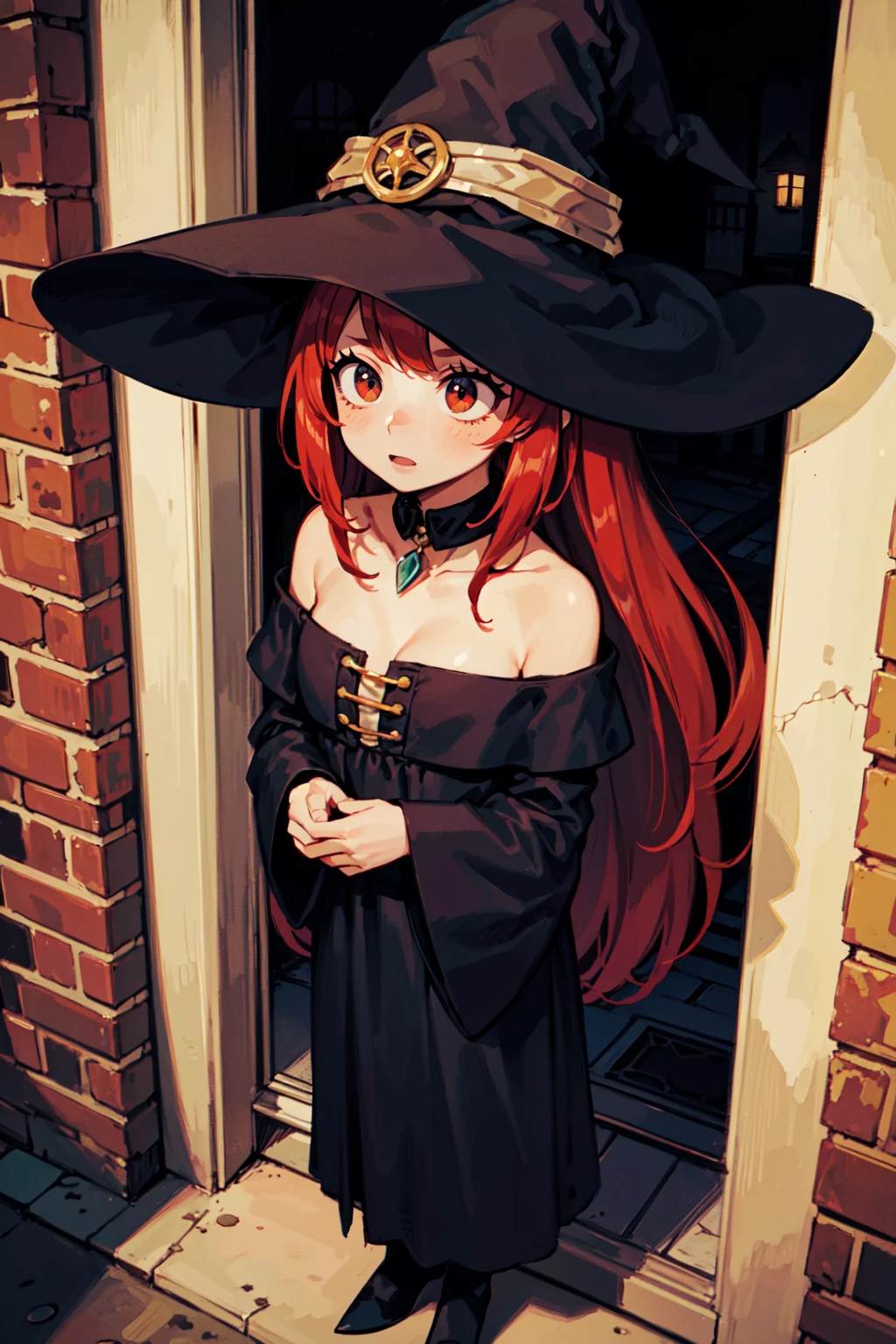 full body, from above, (1female), surprised face, red hair, very long hair, pointy hair, off shoulder, (off the shoulder:1.3), (witch:1.4), in a restaurant at night, next to a window reflection sidewalk street, (fantasy, medieval, ancient), (best quality, masterpiece:1.1), scenery,