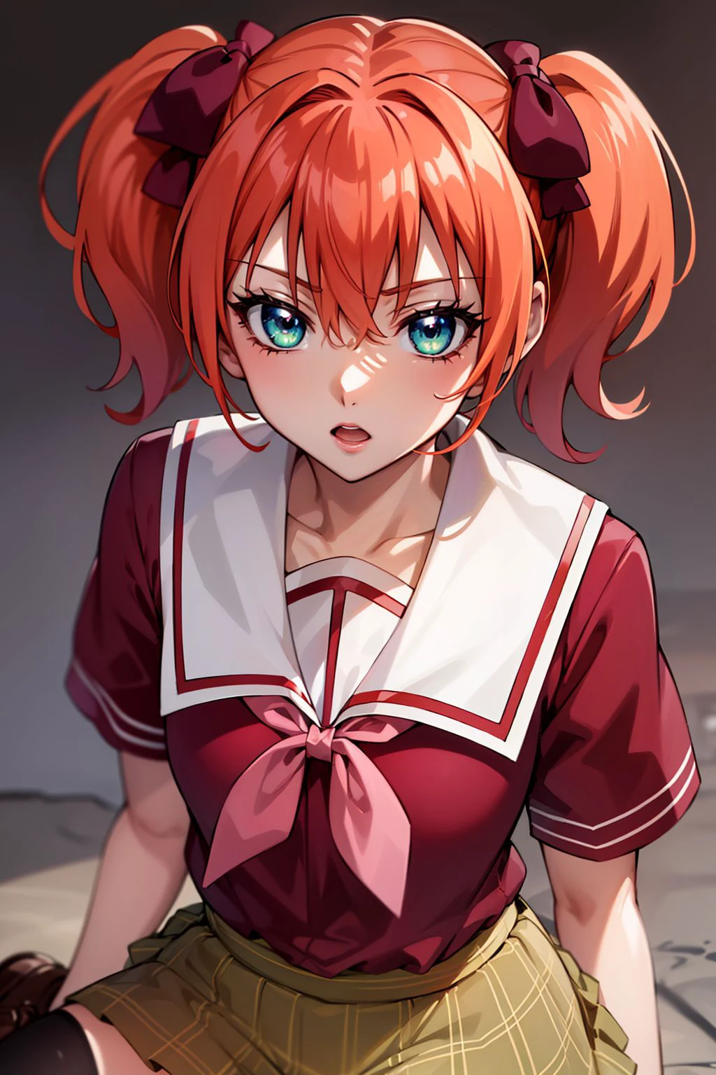 shuzen kokoa, red hair, short hair, twintails, hair bow, green eyes, school uniform, red shirt, short sleeves, white sailor collar, pink ribbon, plaid skirt, black thighhighs, bow shoes, looking at viewer, (masterpiece:1.4), (best quality:1.4), (absurdres:1.0), (intrincate), (full sharp), (extremely detailed:1.5), (exquisite details), (high definition), (anime, anime coloring:1.35),  <lora:Shuzen Kokoa (Rosario + Vampire):0.7>