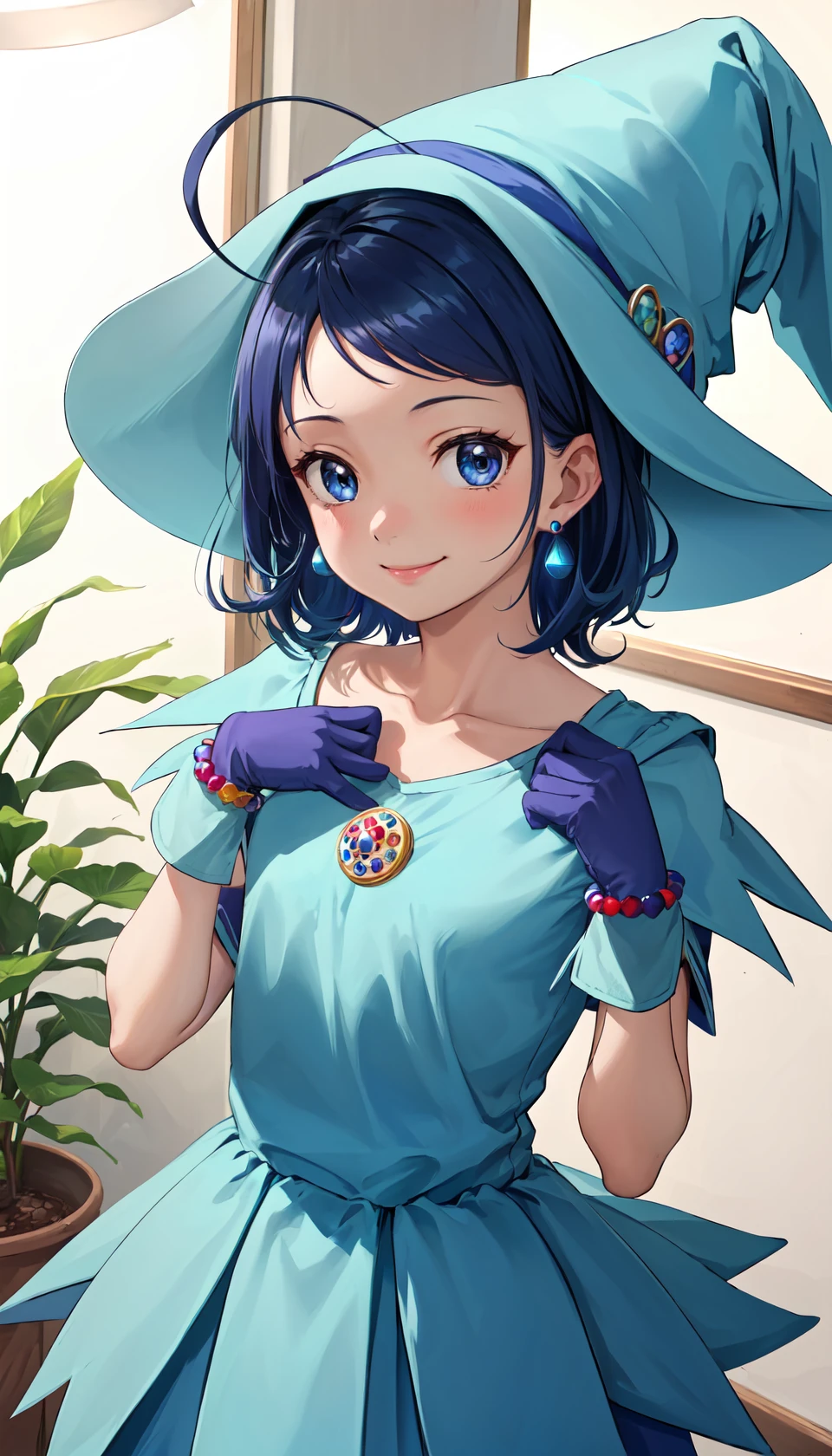 masterpiece, best quality, indoors, <lora:LoRA_Senoo:1>,
senoo aiko, 1girl, solo, looking at viewer, cowboy shot, blue hair, blue eyes, short hair, ahoge, flat chest, smile, gloves, hat, dress, jewelry, earrings, bracelet, witch hat, blue headwear, collarbone, official style, hands on own chest,