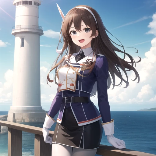 ((masterpiece)),(best quality),official art,extremely detailed CG,unity 8k wallpaper,ultra detailed,A lighthouse on a cliff by the sea,1girl,solo,cowboy shot,long_hair,brown_hair,purple_jacket,pencil_skirt,black_skirt,white_pantyhose,white_gloves,wavy_hair,brown_eyes,white_hairband,long_sleeves,smile,belt,looking_at_viewer,military_uniform,open_mouth,<lora:Ashigara(kan)>,