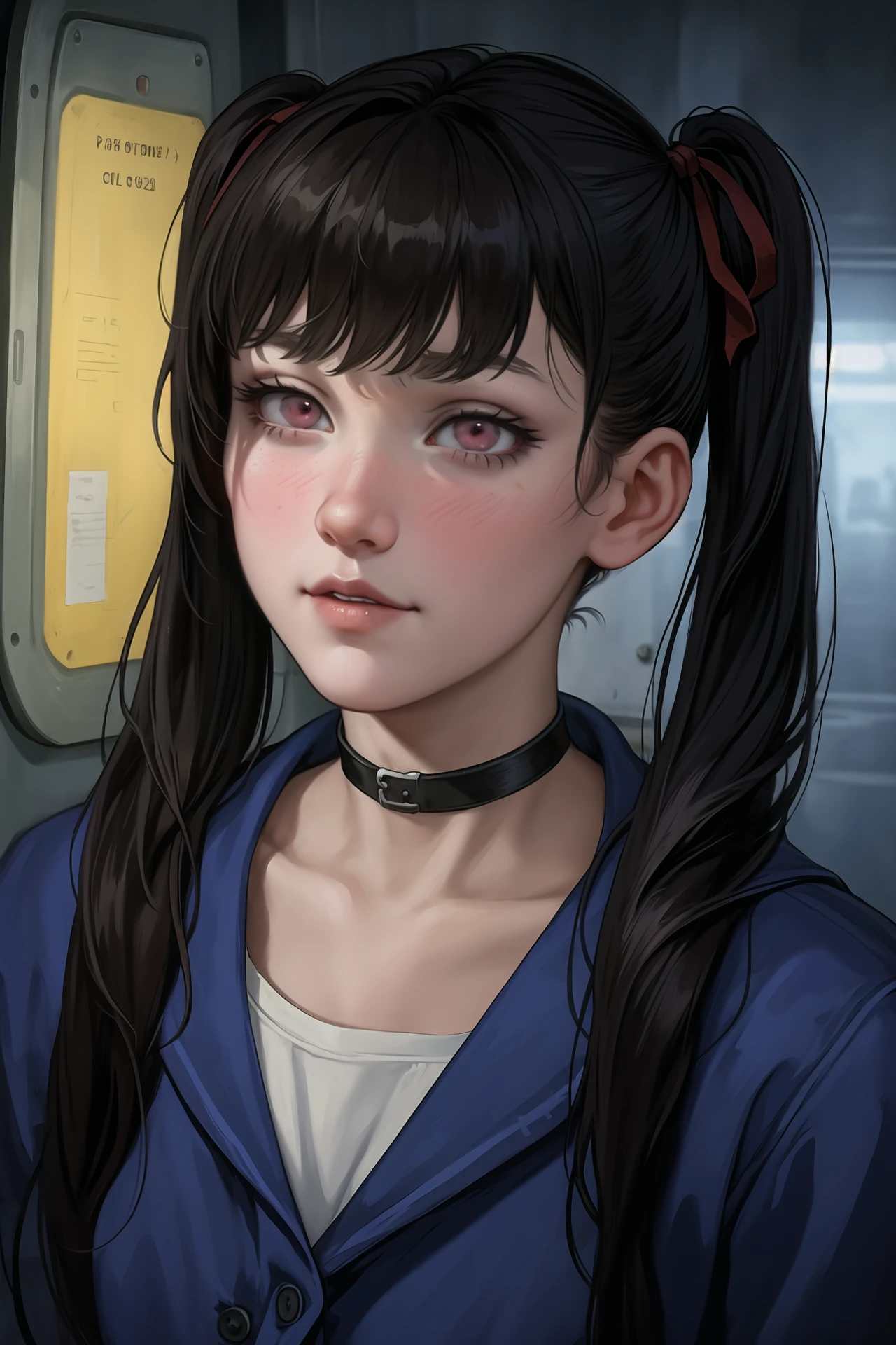Darkness, horror, creepy, Impressionist Anime painting, metro 2033, Very strong style of Vincent van Gogh, oil painting, disease, mine - type, mass - produced type, cross, slanted eyes, thick coating, twintails, ribbon, black hair, pink eyes, creepy smile, on metro station interior, horror movie atmosphere, dramatic light atmosphere, by Malcolm Liepke, Casey Baugh, jujin ito, and Nick Alm