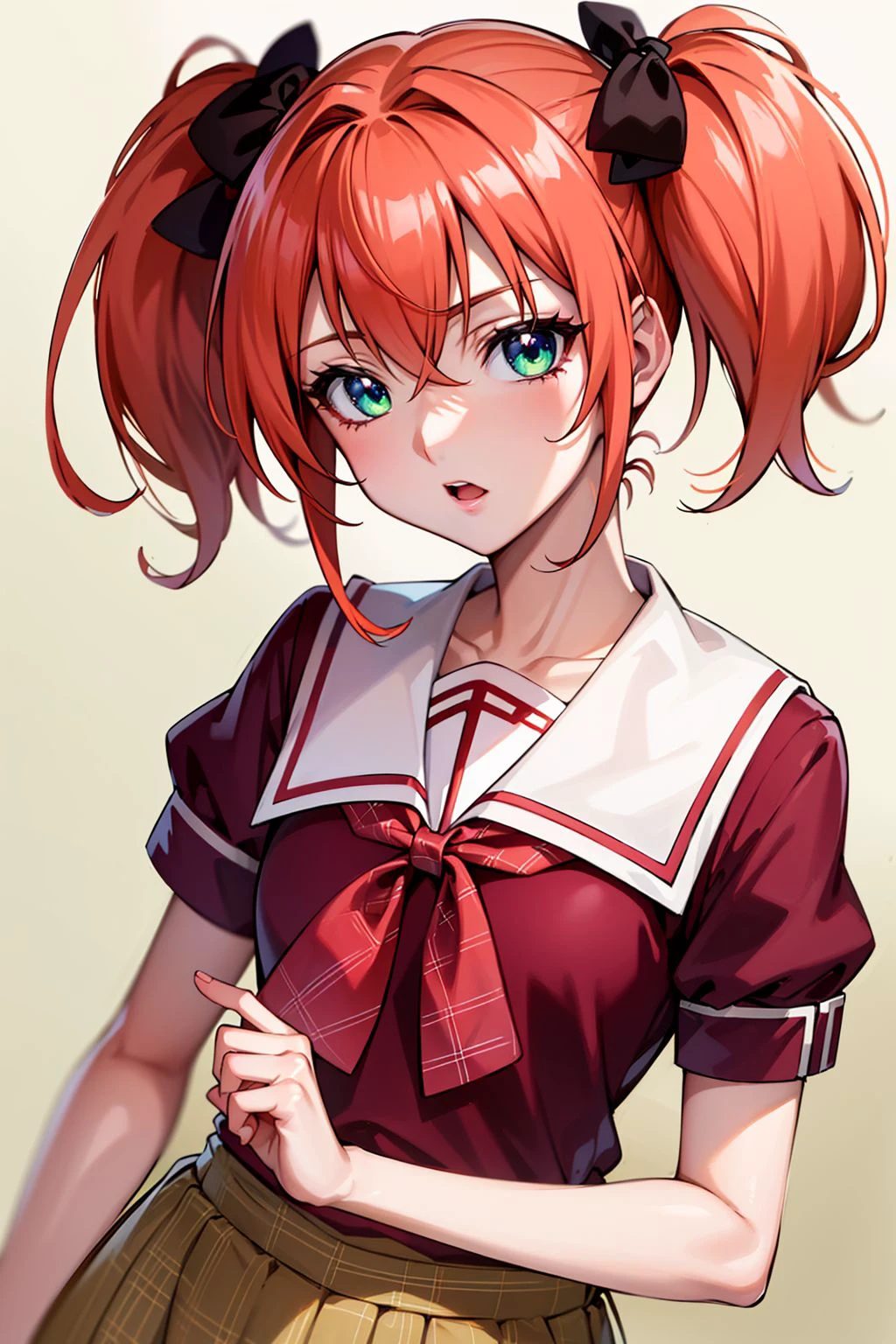 shuzen kokoa, red hair, short hair, twintails, hair bow, green eyes, school uniform, red shirt, short sleeves, white sailor collar, pink ribbon, plaid skirt, black thighhighs, bow shoes, looking at viewer, (masterpiece:1.4), (best quality:1.4), (absurdres:1.0), (intrincate), (full sharp), (extremely detailed:1.5), (exquisite details), (high definition), (anime, anime coloring:1.35),  <lora:Shuzen Kokoa (Rosario + Vampire):0.7>