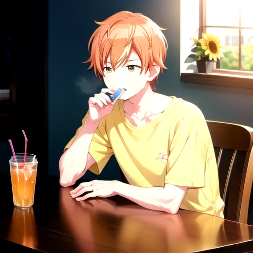 <lora:AkitoV2-03:1>, akitokun, shirt, holding, sitting, flower, short sleeves, cup, chair, table, towel, t-shirt, lens flare, drinking glass, drinking straw, yellow shirt, drink, head out of frame, sunflower, towel around neck