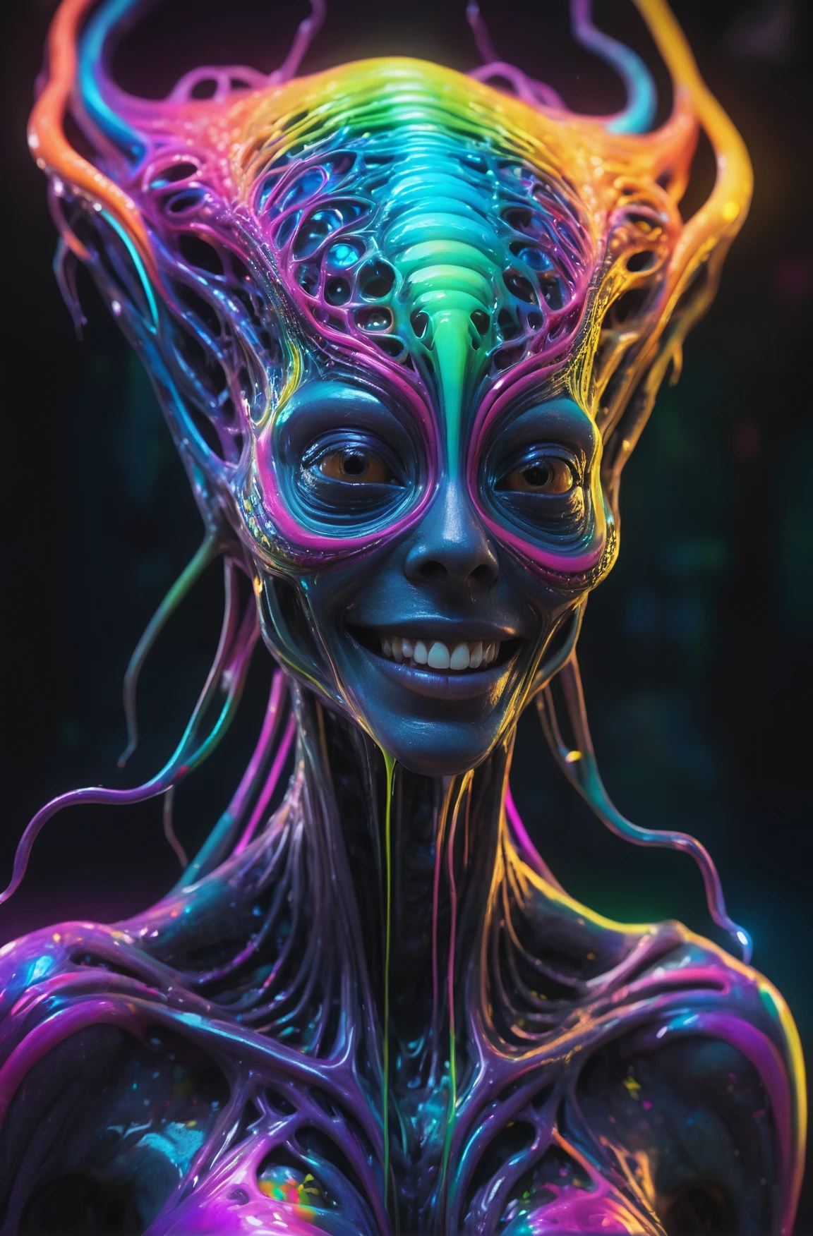 impossibly beautiful portrait of alien shapeshifter entity, insane smile, intricate complexity, surreal horror, inverted neon rainbow drip paint, trending on art station, photoreal, 8 k, octane render by greg rutkowski