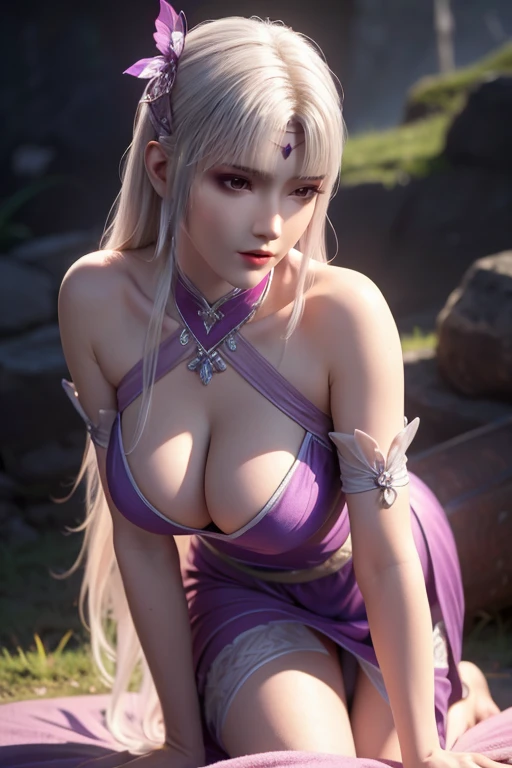 realistic, photorealistic, Masterpiece, absurdres, fine detail, HDR, highly detailed face and eyes, (8k, best quality, masterpiece:1.2), ultra-detailed, extremely detailed cg 8k wallpaper,fashion,(crystalstexture skin:1.2),(extremely delicate and beautiful),(masterpiece, best quality:1.2),1girl, solo, narrow waist, wide hips, (large breasts:1.2),long hair, (looking at viewer:1.2), natural lighting, fantasy, dreamlike, unreal, science fiction, detail, delicate pattern, charming, alluring, erotic, sexy, enchanting, hair ornament, fairydoctor, <lora:plump-fairydoctor:0.5>, (cleavage:1.2), (close-up:1.1), (leaning forward:1.2), sexy, (breasts squeezed together:1.2), v arms, purple dress, breasts between arms