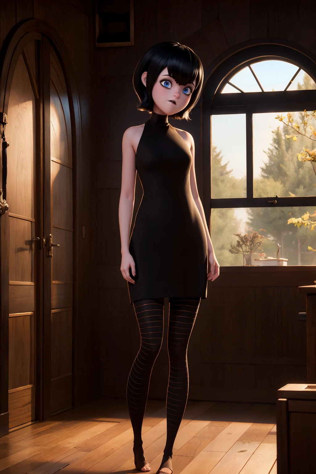 NSFW, 8k,highres, 1girl, tmavis, indoors, room light, front view, standing, looking at the viewer, black dress, strpied legwear,
<lora:mavisv3:0.9>