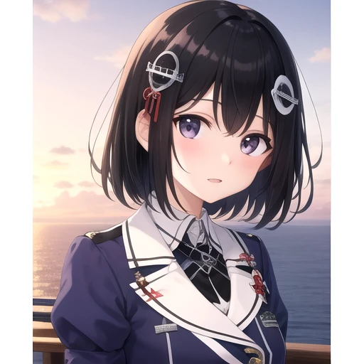 ((masterpiece)),(best quality),official art,extremely detailed CG,unity 8k wallpaper,ultra detailed,A lighthouse on a cliff by the sea,1girl,solo,upper body,(portrait:1.2),white_pantyhose,hair_ornament,short_hair,black_hair,military_uniform,black_eyes,white_gloves,purple jacket,pencil_skirt,black_skirt,brown_eyes,elbow_gloves,<lora:Haguro(kan)>,