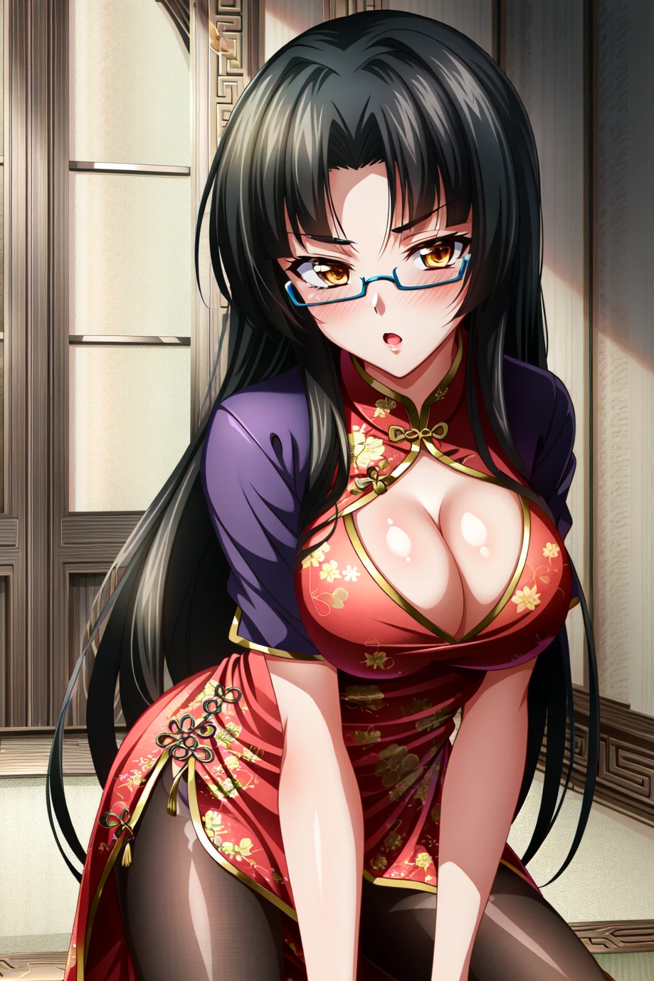 (extremely detailed CG unity 4k wallpaper),(masterpiece),(ultra quality),(ultra-detailed),(best illustration),(best shadow),(absurdres),(detailed background), <lora:OGT_Tsubaki_Shinra-v2:0.8> Tsubaki Shinra, 1girl, solo, breasts, black hair, bangs, hime cut, blunt bangs, long hair, large breasts, glasses, (purple clothing, dress, purple dress, purple chinese dress, purple chinese qipao), brown eyes, necklace, jewelry, blush, retro artstyle, anime coloring, looking at viewer, leaning over, straddling, alluring, suductive stare, (indoors, bedroom)