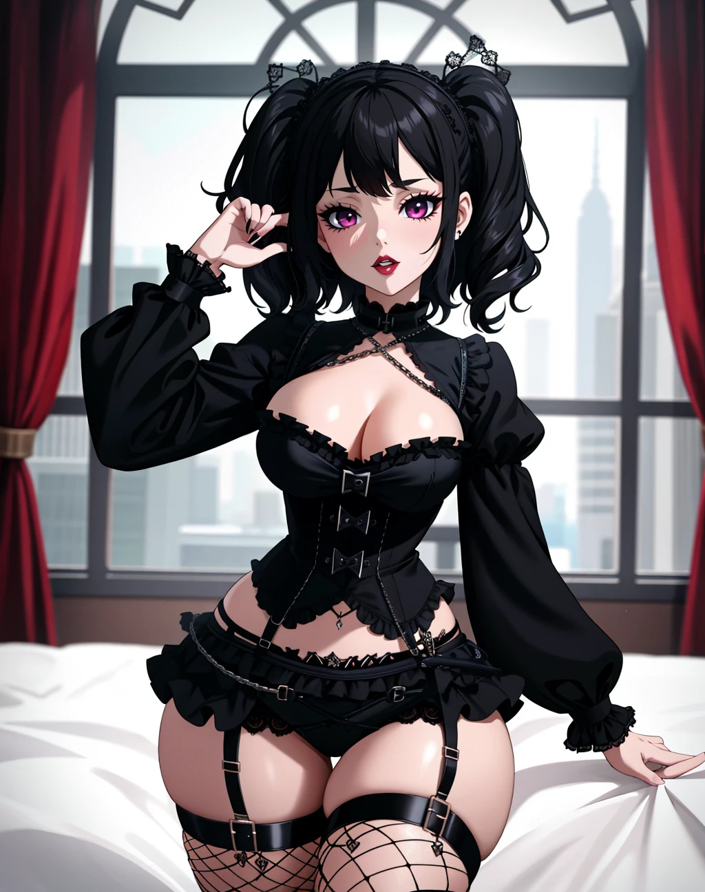 4K, Masterpiece, highres, absurdres, GothGal, woman wearing a GothGal outfit, with a garterbelt, iron chains Garterbelt, black fabric, fabric straps, embroidery, woman wearing the garterbelt, lower body focus, front picture,
<lora:edgGothLingerie_MINI:1>