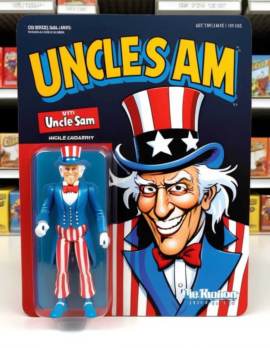 A meticulously detailed, photo-realistic image of a Donald Trump action figure, packaged in a vibrant box. The packaging prominently features a cartoon illustration of Trump on one side, characterized by exaggerated features and a signature expression. Beside the cartoon, a clear window panel reveals the action figure, a precise replica, with distinct detailing and accurate coloring. The figure's attire mirrors Trump's iconic suit and tie ensemble, complete with miniature accessories. The background of the box displays elements symbolic of Trump's presidency, subtly enhancing the collectible's thematic appeal <lora:gonza:0.75>