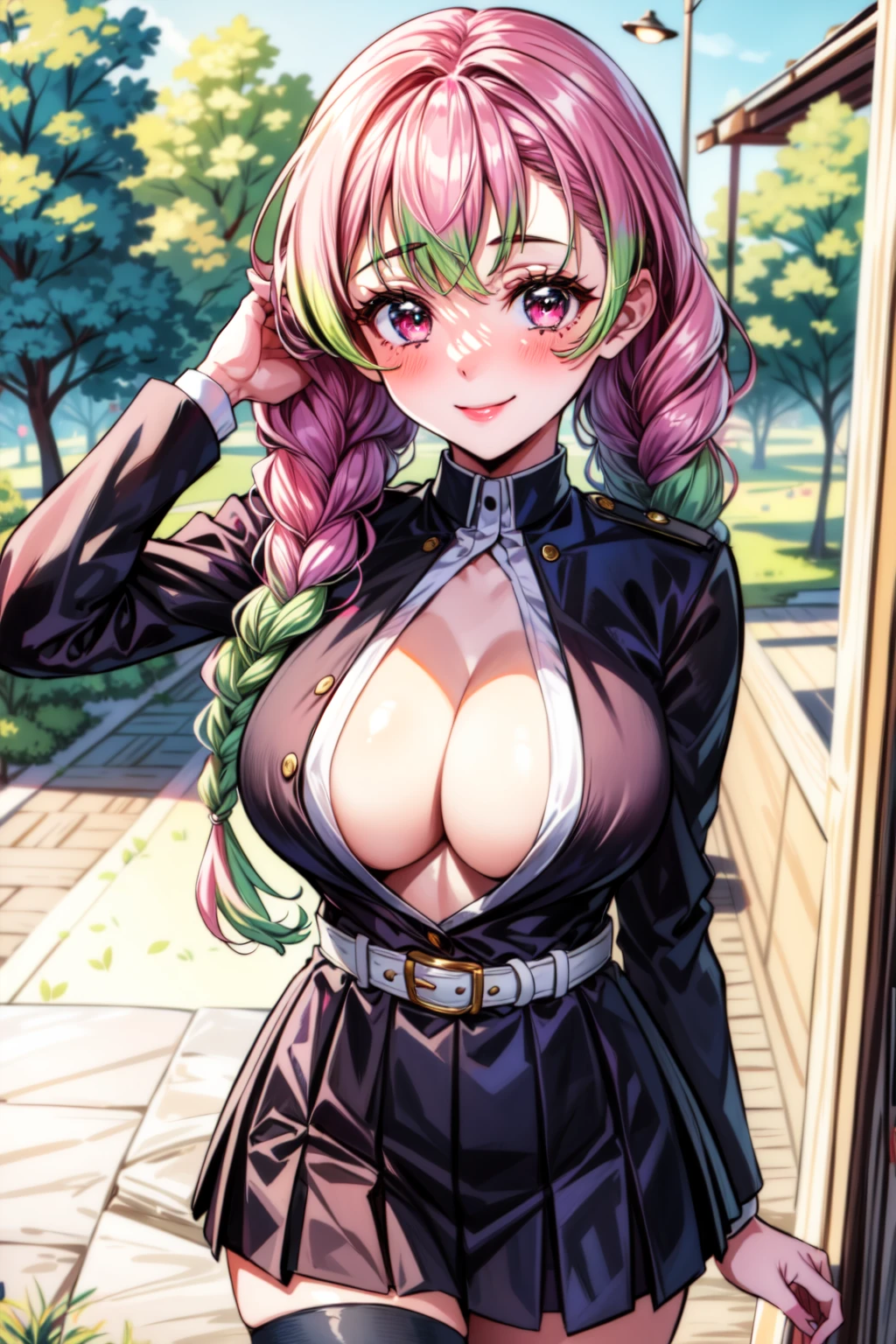 (best quality:1.2), 1girl, (masterpiece:1.2), raytracing, cute face, perfect face, ultra detailed,detailed face, 8k wallpaper, (wide hips:0.8), <lora:more_details:0.5>, MitsuriKanroji_NDV, 1girl, multicolored hair, pink-green hair, large breasts, twin braids, red eyes,( demon slayer uniform:1.3),(green thighhighs:1.2), skirt, belt, white haori, open clothes, <lora:MitsuriKanroji_NDV:0.7>, smile, outdoor, cleavage