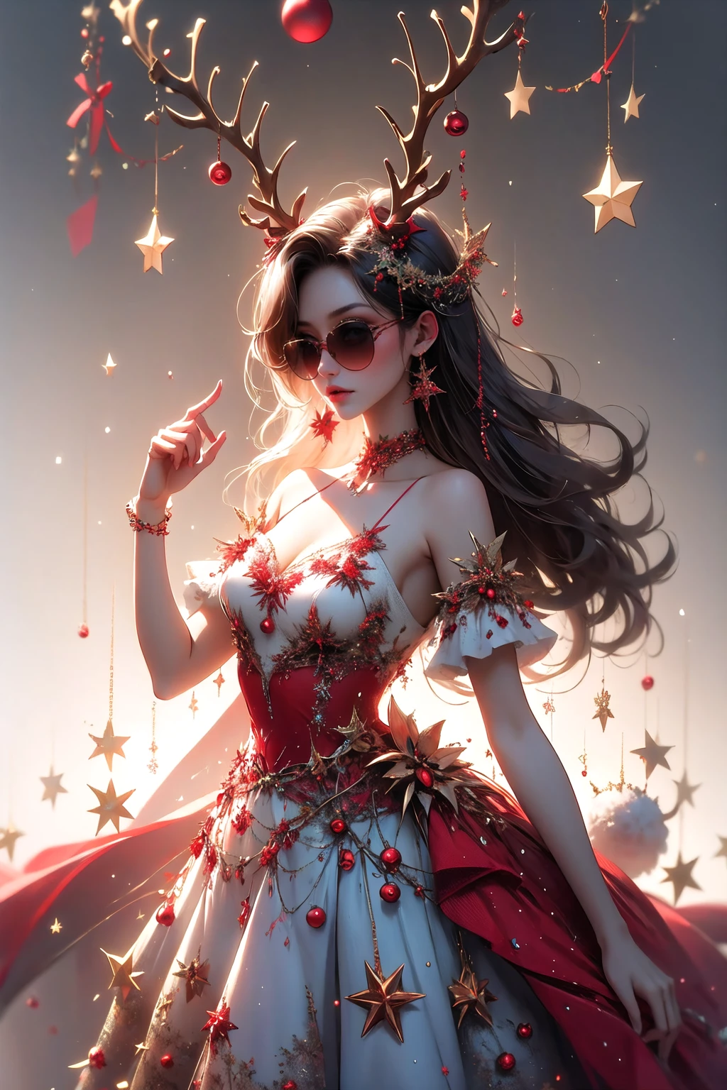 <lora:wrenchsjoyfuljingle:1>, wrenchsjoyfuljingle, gown, reindeer antlers, sunglasses,