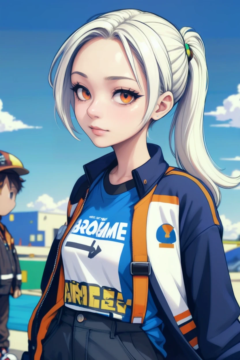 1girl, woman, (dynamic French Girly:1.3) angel, [:colorful costume design,:0.2], bombshell hair, white hair, ponytail, average figure, albino<lora:EnvyTomboyXL01:1.2>