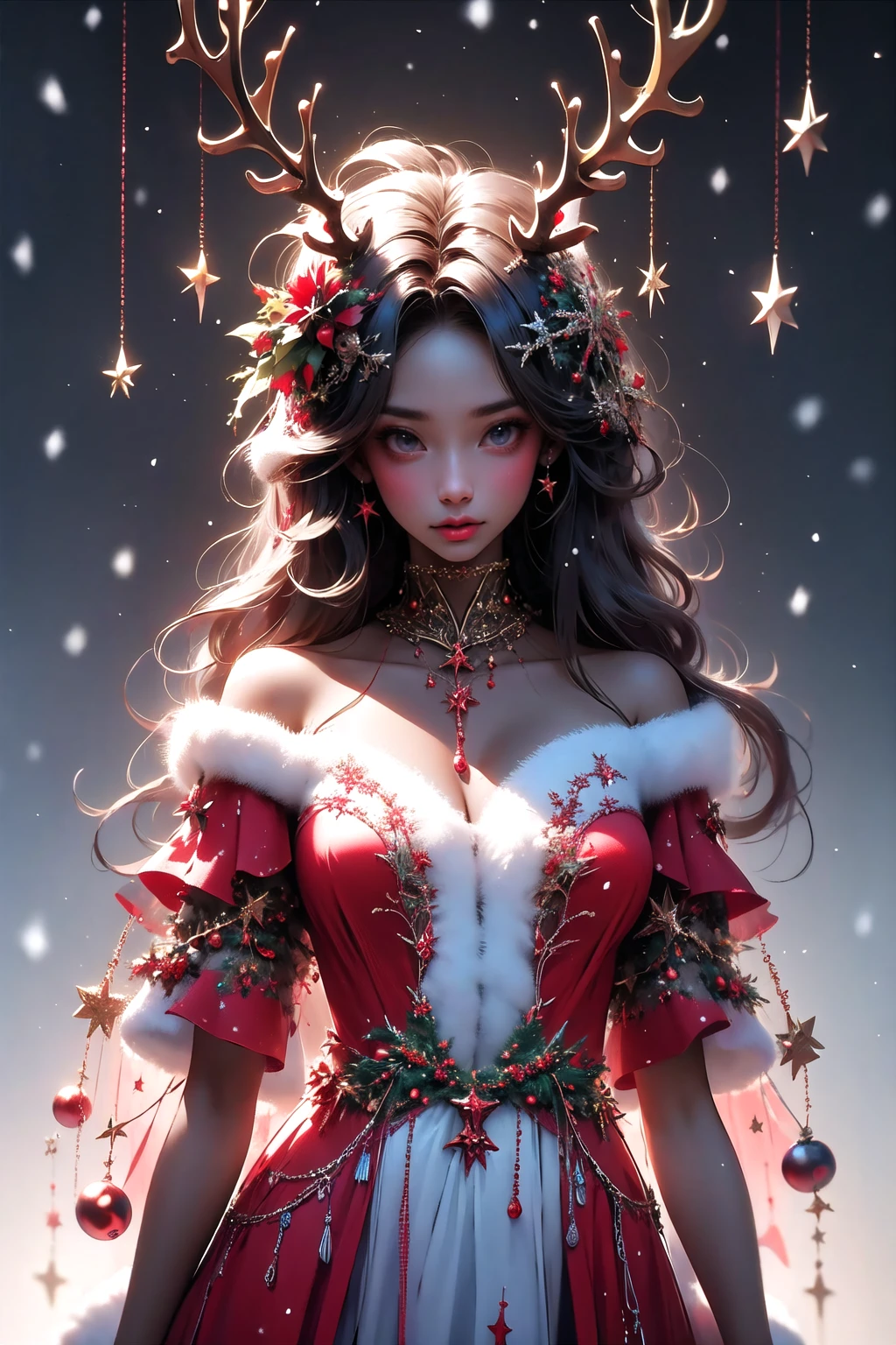 <lora:wrenchsjoyfuljingle:1>, wrenchsjoyfuljingle, gown, antlers, dark skin, snowing, red dress, christmas,