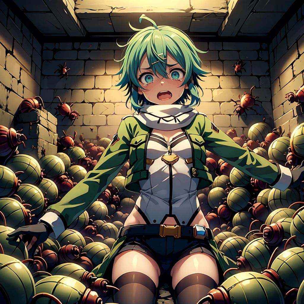 masterpiece,best quality,highly detailed,1girl,solo,scared,panicking,constricted pupils,screaming,raised eyebrows,crying,wide-eyed,
<lora:sinon_v5:0.75>, sinon1,scarf,fingerless gloves,long sleeves,short shorts,hair ornament,hairclip,green thighhighs,green jacket,thigh strap,
<lora:dungeonScarab:0.4>,titleScarab,crowd of scarabs in dungeon,