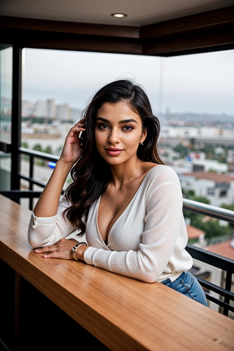 waist up, close up, 22 year old, a beautiful, Kurdish woman, IG_MODEL, sexy, posing, slight smile, (detailed skin:1.1), thicc, looking at viewer, BREAK designer fashion, Satin Blouse: Smooth and elegant., Denim Overalls: Playful and retro., BREAK (Astonishing city skyline from a hilltop:1.2), cinematic soft lighting, bokeh, <lora:IGModelStyle_V1:0.8>