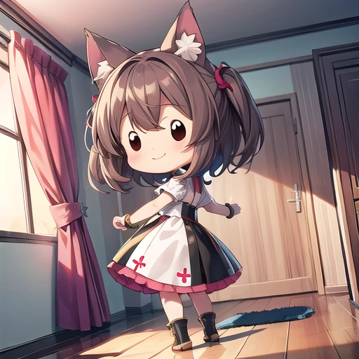 <lora:hotarueye_comic14_v100:1>, 1girl, (chibi:1.4), smile, closed mouth, dynamic angle, dynamic pose, animal ear, brown hair, indoors