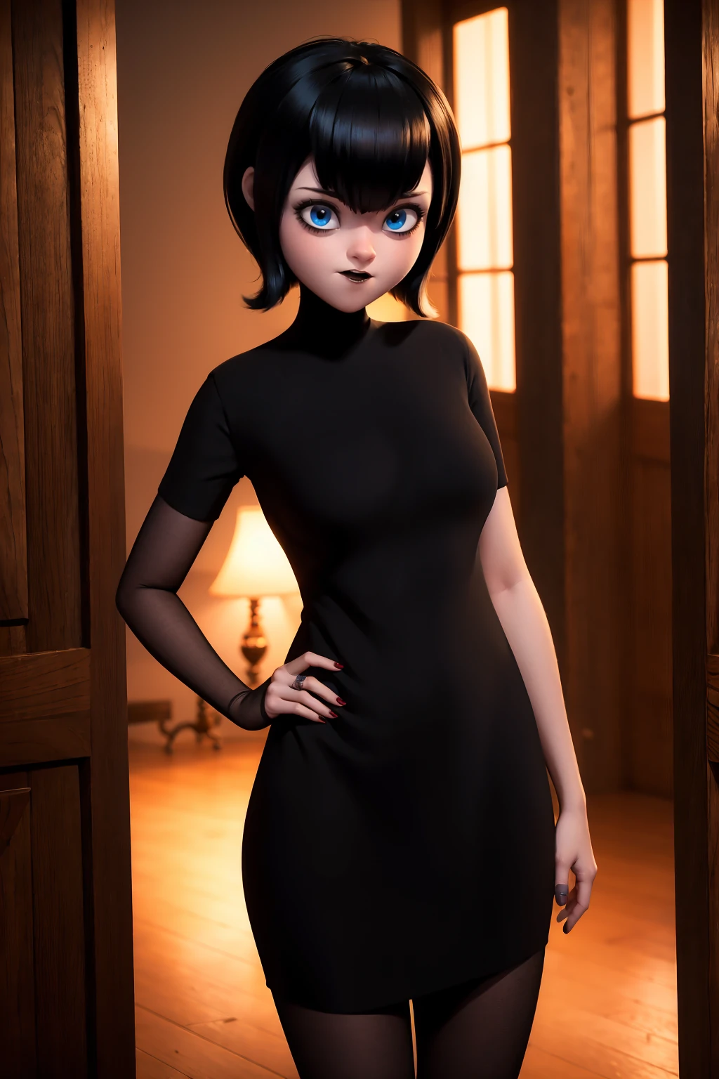 Mavis in her room standing in seductive pose with relaxed face and a slight smile 