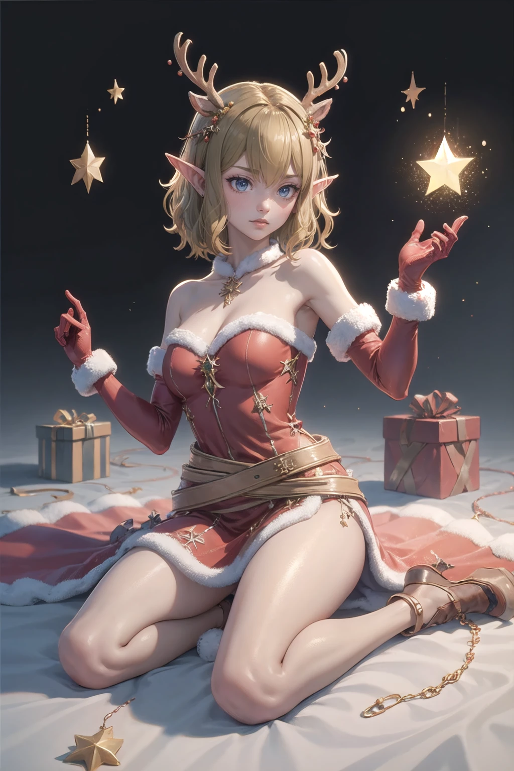 <lora:wrenchsjoyfuljingle:1>, wrenchsjoyfuljingle, gown, reindeer antlers, red dress, <lora:ryuulion-nvwls-v1:1>, ryuu, pointy ears, sleeveless, belt, elbow gloves,