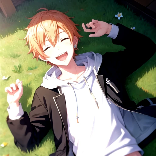 <lora:AkitoV2-03:0.75>, akitokun, smile, open mouth, blonde hair, shirt, long sleeves, hair between eyes, jewelry, jacket, closed eyes, white shirt, upper body, flower, earrings, outdoors, lying, open clothes, teeth, hood, on back, blurry, open jacket, black jacket, hoodie, depth of field, blurry background, upper teeth only, sunlight, hood down, hooded jacket, yellow flower, laughing, on ground, hand on own stomach