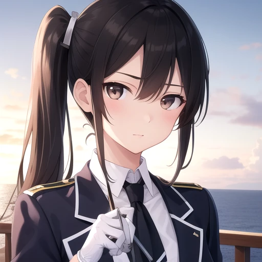 ((masterpiece)),(best quality),official art,extremely detailed CG,unity 8k wallpaper,ultra detailed,A lighthouse on a cliff by the sea,1girl,solo,upper body,(portrait:1.2),nachi (kantai collection),black belt,black hair,black neckwear,black skirt,purple jacket,brown eyes,high heel boots,very long hair,long sleeves,looking at viewer,pencil_skirt,white pantyhose,side ponytail,military uniform,white gloves,<lora:Nachi(kan)>,