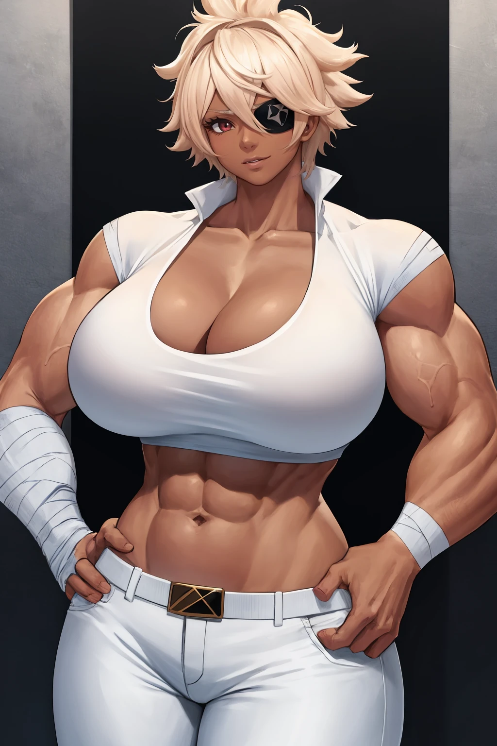 masterpiece, best quality, 1girl, solo, <lora:debonairdiamond-rh-richy-v1:1> debdia, eyepatch, muscular female, dark-skinned female, huge breasts, cleavage, crop top, white pants, bandages