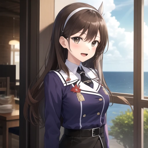 ((masterpiece)),(best quality),official art,extremely detailed CG,unity 8k wallpaper,ultra detailed,A lighthouse on a cliff by the sea,1girl,solo,upper body,(portrait:1.2),long_hair,brown_hair,purple_jacket,white_pantyhose,white_gloves,wavy_hair,brown_eyes,white_hairband,black_skirt,pencil_skirt,long_sleeves,smile,belt,looking_at_viewer,military_uniform,open_mouth,<lora:Ashigara(kan)>,