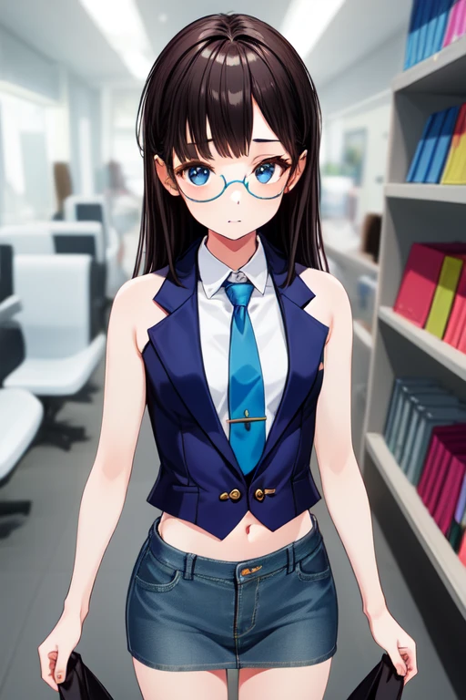 1girl, solo, masterpiece, indoors, semi-rimless eyewear, long hair, <lora:dress3v1:0.84>, shirt, midriff, denim skirt, necktie, <lora:add_detail:0.5> <lora:shadowfix3:0.4>