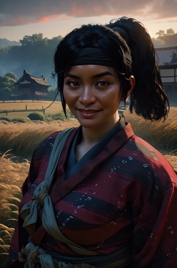Yuna,black ponytail,
solo,upper body,standing,facing viewer,light smile,
red kimono,black headband,standing,belt,
13th century Japan,fields,morning,
(insanely detailed, beautiful detailed face, masterpiece, best quality) cinematic lighting,<lora:YunaGOT-10:0.8>,