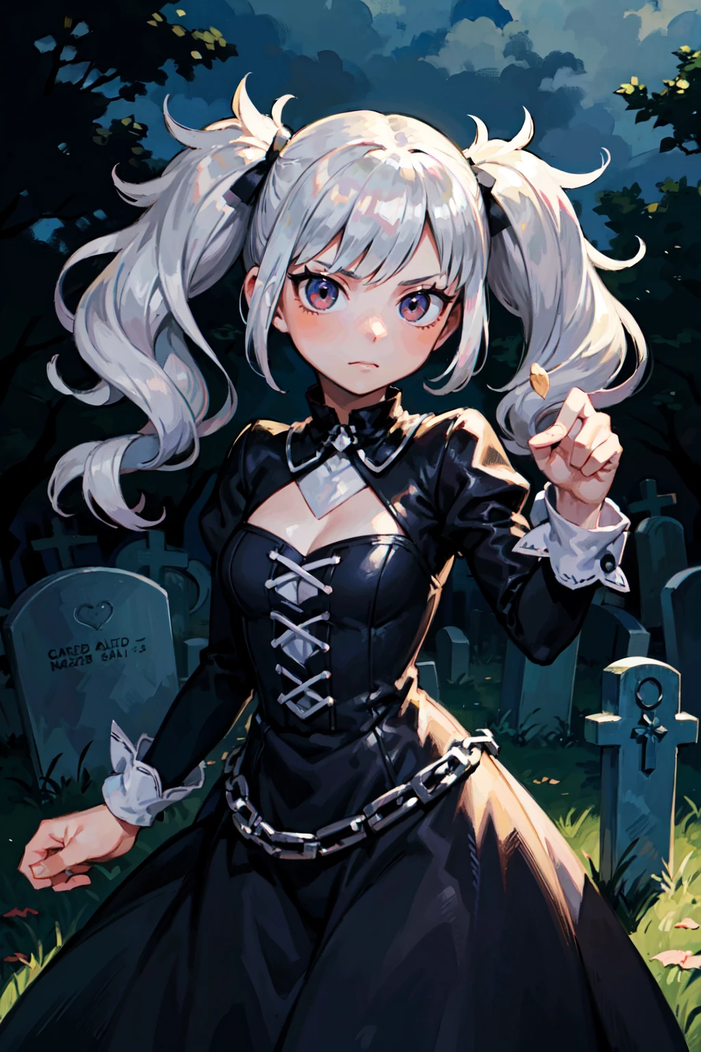close up,     dynamic pose(1female), arrogant face, silver hair, long hair, spiked hair,   uneven twintails,     (transparent cloth), (taut dress),  (graveyard), outdoors,  (best quality, masterpiece:1.1), scenery,