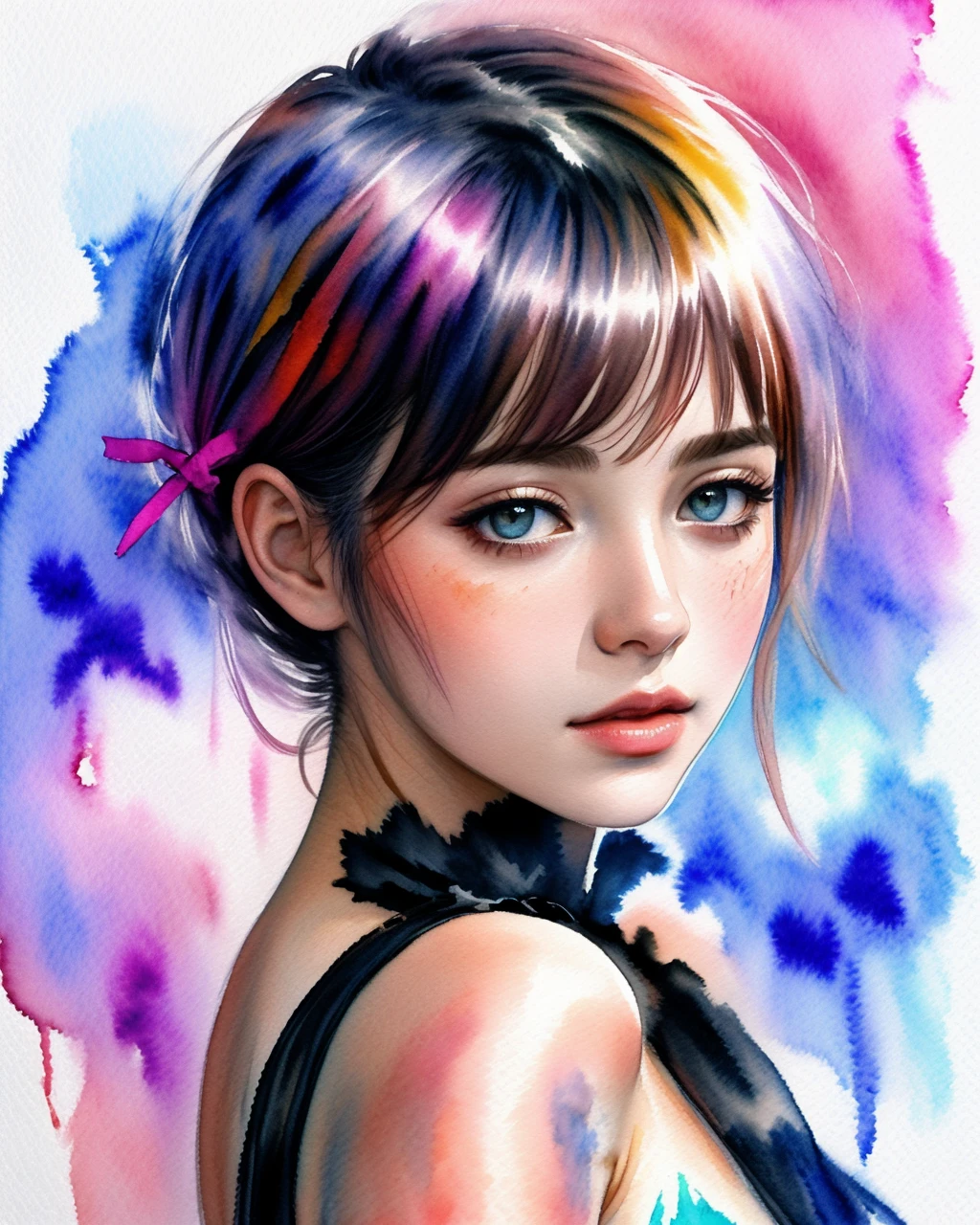 (8k, best quality, masterpiece:1.2),(best quality:1.0), (ultra highres:1.0), (watercolor:1.3), traditional media, a beautiful woman, shoulder, hair ribbons, by agnes cecile, half body portrait, extremely luminous bright design, pastel colors, (ink:1.3), autumn lights