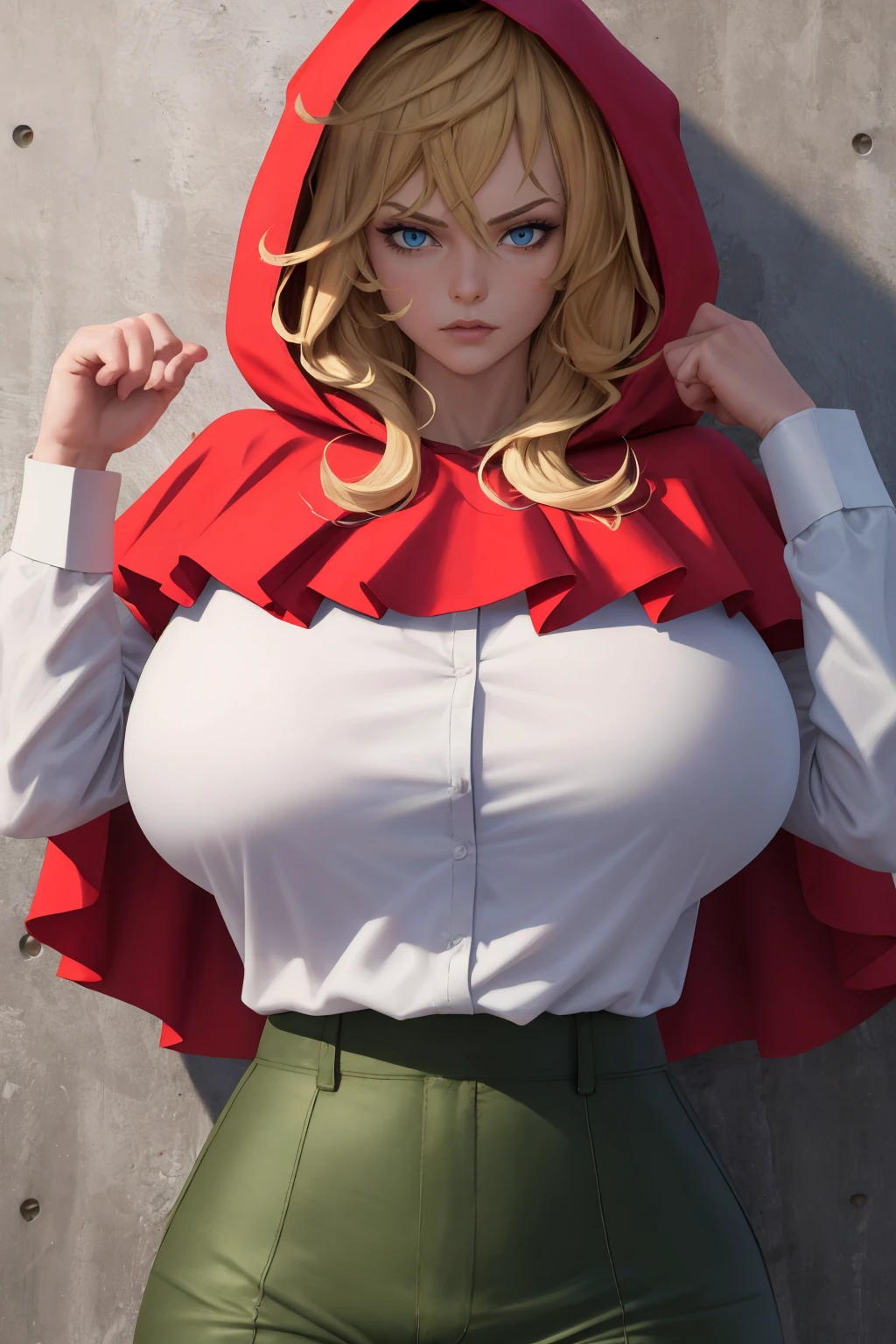 masterpiece, best quality, 1girl, solo, <lora:grimm-rh-richy-v1:1> grimm, blue eyes, red hood, hood up, red capelet, white shirt, shirt tucked in, green pants, huge breasts, muscular female, upper body,