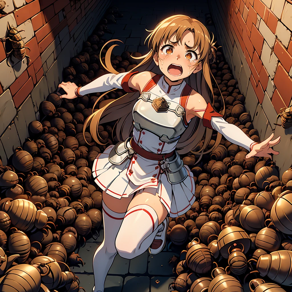 masterpiece,best quality,highly detailed,1girl,solo,scared,panicking,constricted pupils,screaming,raised eyebrows,crying,wide-eyed,
<lora:asuna_(sao)_v1:0.7>,aaasuna,long hair,brown hair,braid,brown eyes,bare shoulders,armor,breastplate,white sleeves,detached sleeves,red skirt,pleated skirt,white thighhighs,
<lora:dungeonScarab:0.4>,runningScarab,running around crowd of scarabs,crowd of scrabs,too many scarabs,in dungeon brick path,brick floor,brick wall,