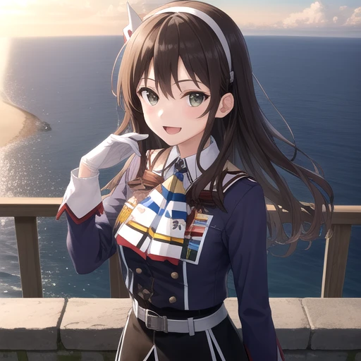 ((masterpiece)),(best quality),official art,extremely detailed CG,unity 8k wallpaper,ultra detailed,A lighthouse on a cliff by the sea,1girl,solo,upper body,(portrait:1.2),long_hair,brown_hair,purple_jacket,white_pantyhose,white_gloves,wavy_hair,brown_eyes,white_hairband,black_skirt,pencil_skirt,long_sleeves,smile,belt,looking_at_viewer,military_uniform,open_mouth,<lora:Ashigara(kan)>,