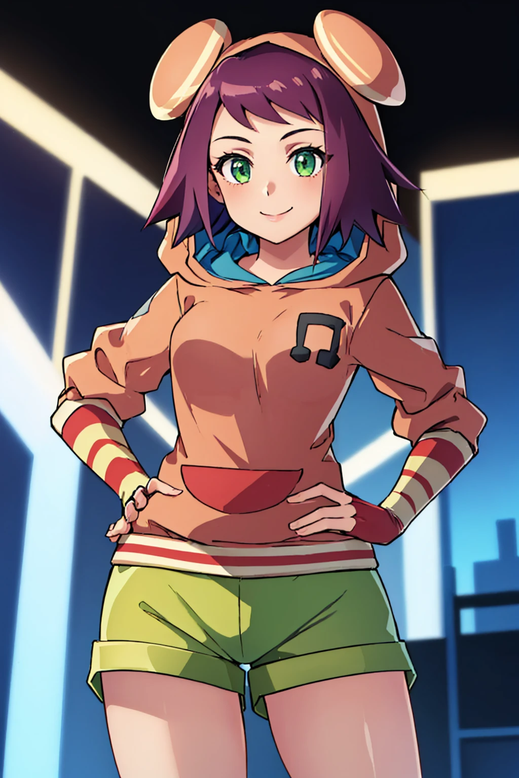 (masterpiece, best quality:1.2), solo, 1girl, sonia strumm, smile, looking at viewer, hands on hips, hoodie, fingerless gloves, striped, green shorts <lora:megamansf_soniastrumm-10:1>