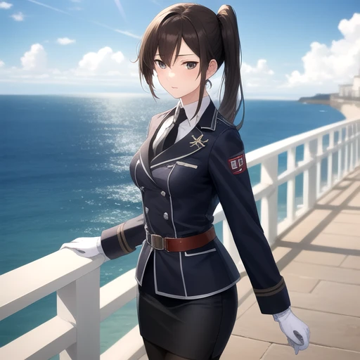 ((masterpiece)),(best quality),official art,extremely detailed CG,unity 8k wallpaper,ultra detailed,A lighthouse on a cliff by the sea,1girl,solo,cowboy shot,nachi (kantai collection),black belt,collar,black hair,black neckwear,black skirt,purple jacket,brown eyes,high heel boots,absurdly long hair,long sleeves,looking at viewer,medium breasts,pencil_skirt,white pantyhose,side ponytail,military uniform,white gloves,<lora:Nachi(kan)>,