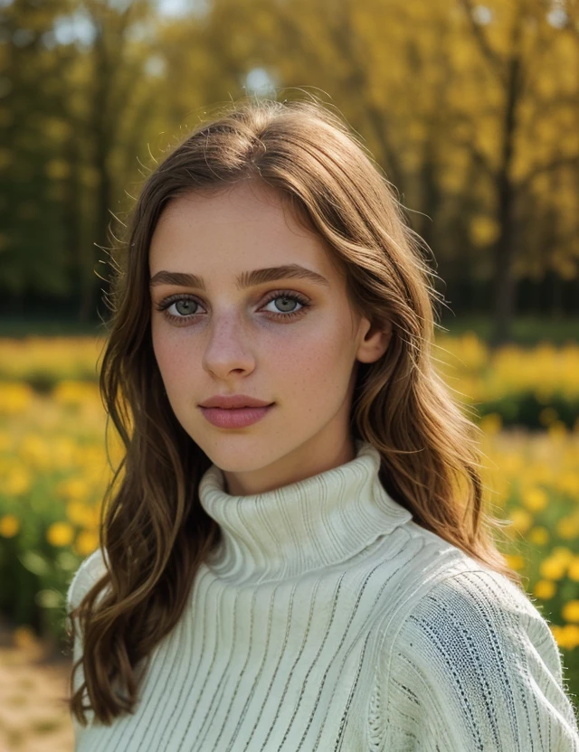 l0p0g1 photo of (l0p0g1) woman, close portrait photo, RAW, nature, Spectacular light, Elegant dress Turtleneck intricate, (Colorful flowering), 8k, soft lighting, high quality, film grain, Olympus OM1 sharp focus, f 3.4, (eye shadow), (eyeliner), ((detailed eyes)), (seductive pose), upper body, smile, breast, mont saint michel