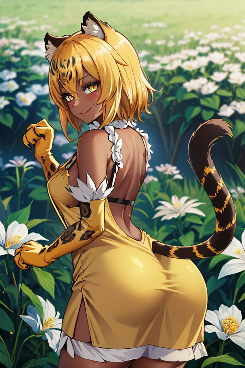 (masterpiece, best quality:1.2), solo, 1girl, ocelomeh, dark skin, animal hands, claws, smile, looking back, animal ears, slit pupils, (yellow sundress:1.1), tail, flower field <lora:monstergirlpedia_ocelomeh-17:0.9>