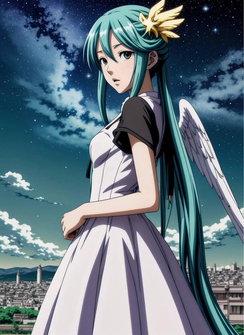 (anime coloring, anime screencap, ghibli, mappa, anime style:1.4), 1girl, hatsune miku, white gown, angel, angel wings, golden halo, dark background, upper body, (closed mouth:1.2), looking at viewer, arms behind back, blue theme, stars, starry night