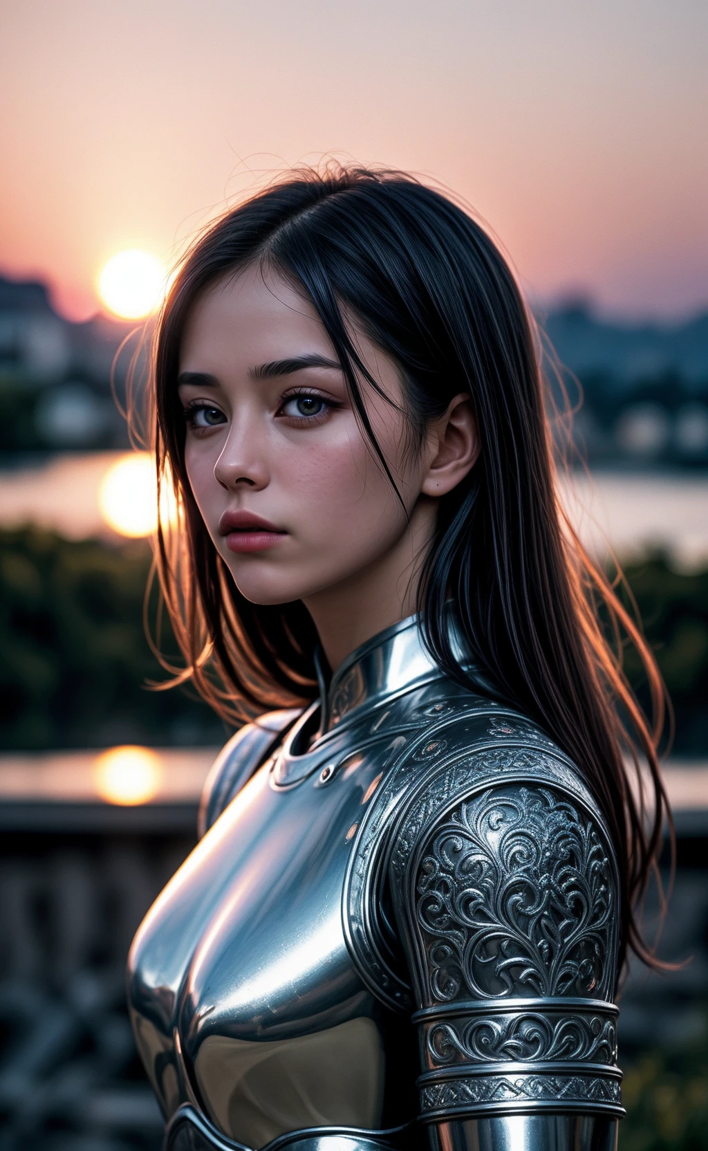 (masterpiece), (extremely intricate:1.3), (realistic photo:1.2), portrait of a girl, the most beautiful in the world, (medieval armor), (metal reflections:1.1), upper body, outdoors, intense sunlight, far away castle, professional photograph of a stunning woman detailed, sharp focus, dramatic, award winning, cinematic lighting, volumetrics dtx, (film grain, blurry background, blurry foreground, bokeh, depth of field, sunset, motion blur:1.3), chainmail