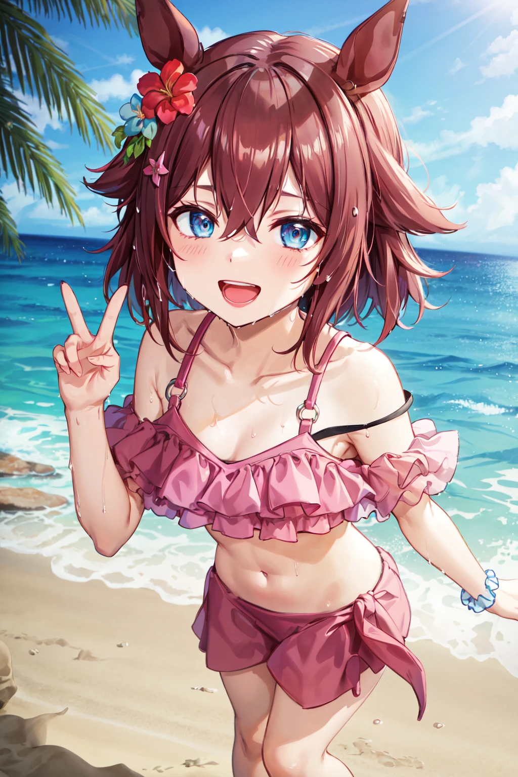 (better quality), [masterpiece], ((beautiful:0.75)  beautiful:0.75), [transparent and clean] pixiv (shape), ((Megumin)), two, squat, midsummer sea, brown hair, red swimsuit、 short hair, red eyes、((sexy))、pointed nipples、belly button、emphasize the muscles of the pussy、slender body、thin body、swimsuit with a small area、、