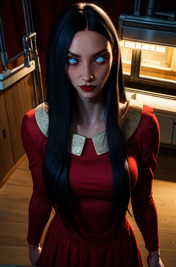 Laura,red lips,glowing eyes,serious,very long hair,
red dress,from above,long sleeves,cowboy shot,
upper body,solo,standing,
night,hospital,
(insanely detailed, beautiful detailed face,beautiful detailed eyes, masterpiece, best quality),<lora:LauraVictoriano-10TEW1:0.8>,