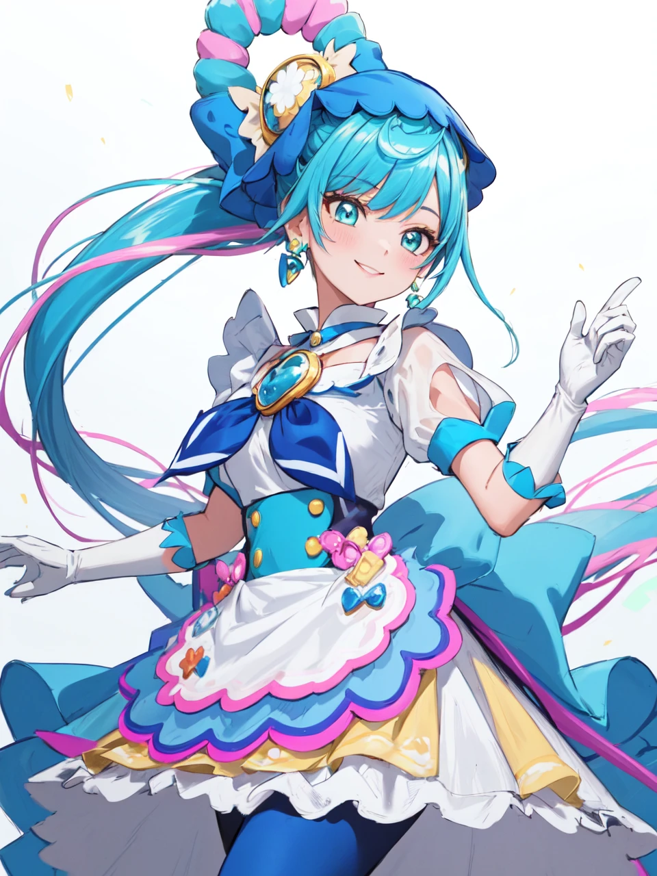 masterpiece, best quality, looking at viewer, depth of field, standing, cowboy shot, 
1girl, <lora:locon_cure_spicy_02:0.9>, cure spicy, multicolored hair, ponytail, blue high heels, blue legwear, headwear, gloves, brooch, earrings, ahoge, apron, ribbon, wristwatch, 
smile, ((gradient background)), lens flare,