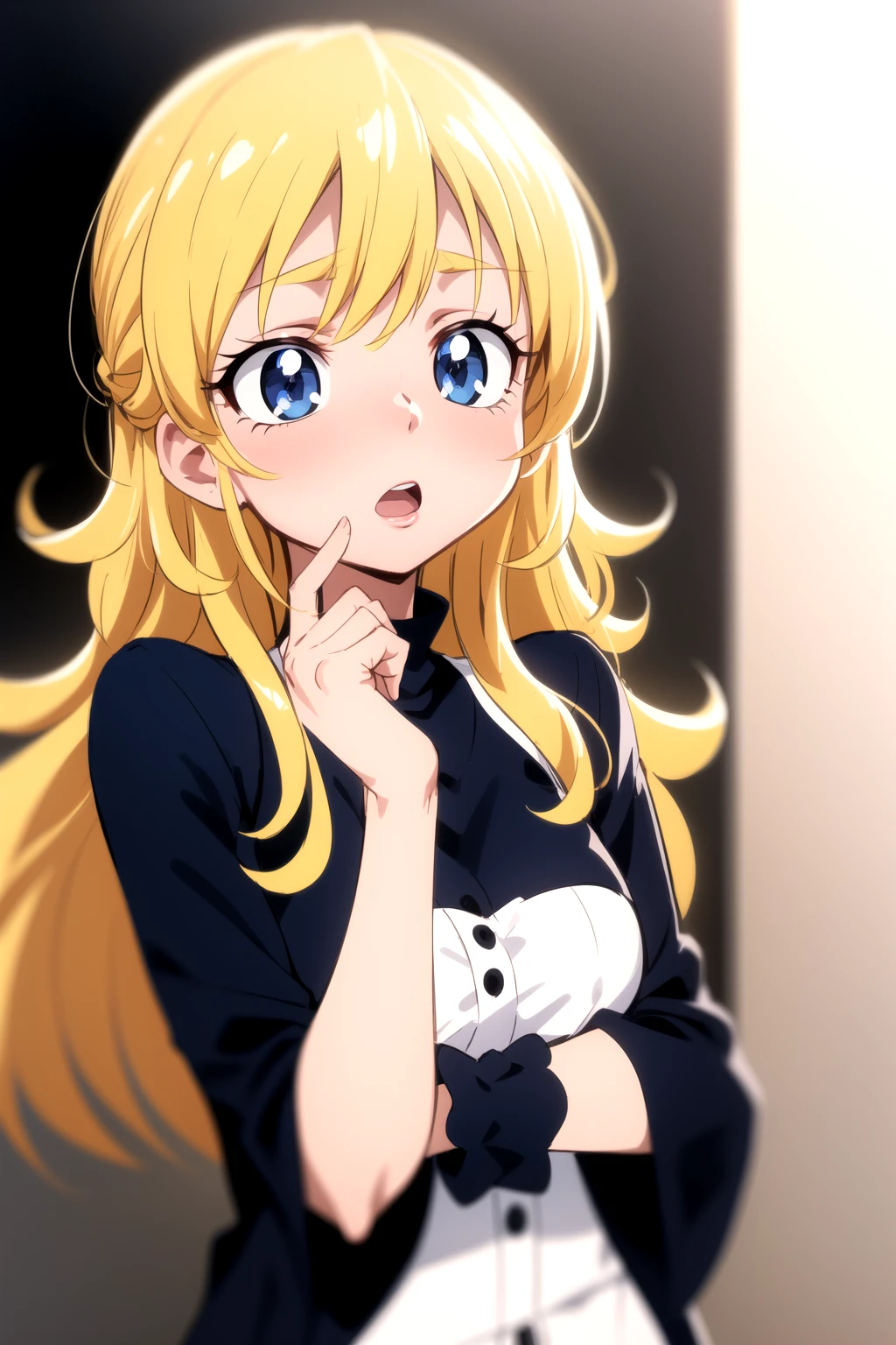 <lora:oimanji_v0.2:0.8> 
1girl, upper body, hands on own chin, blonde hair, surprised, blue eyes,, masterpiece, best quality, highly detailed