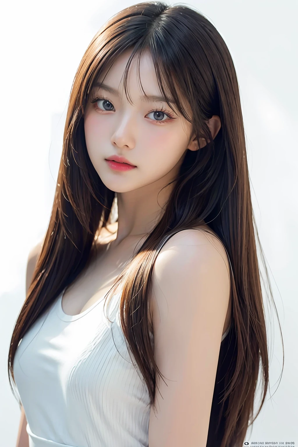 1girl, long hair, White top, (white background:1.2), from front, standing, (soft lighting:1.2), shot on Canon EOS 5D, BREAK
(upper body:1.2), , best quality, ultra high res, (photorealistic:1.4), masterpiece, real-life skin, hyper real, perspective, detailed beautiful eyes and detailed face,  <lora:mmabelzz-02:1>