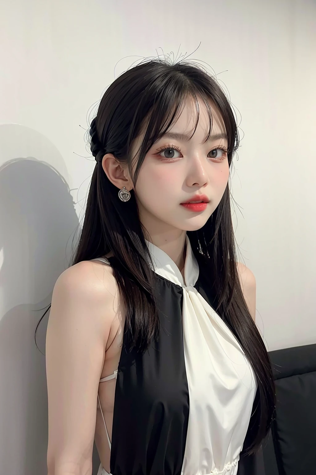 1girl, black formal long dress,white background, <lora:mmabelzz-02:1>