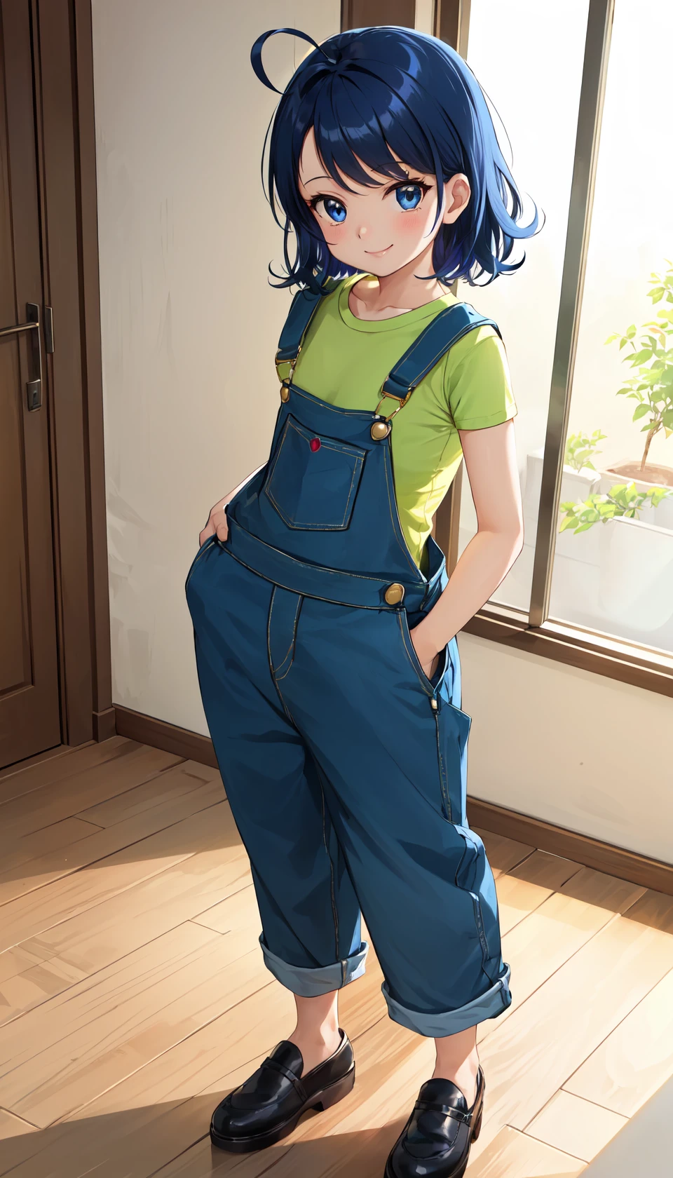 masterpiece, best quality, indoors, <lora:LoRA_Senoo:1>,
senoo aiko, 1girl, solo, looking at viewer, full body, blue hair, blue eyes, short hair, ahoge, flat chest, smile, shirt, green shirt, overalls, style parody, hands in pockets,