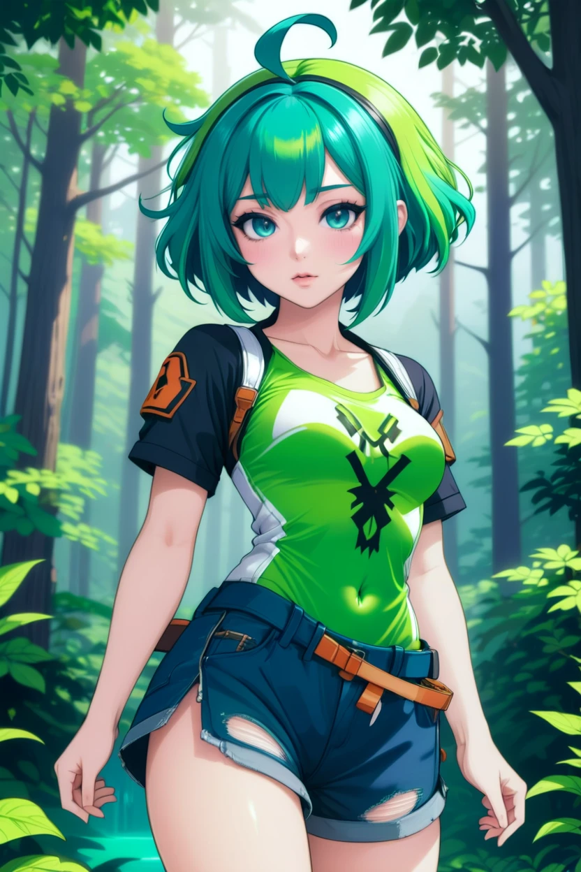1girl, woman, flyer, pastel forest green hair with azure highlights, Root Melt, (full body:1.3), [:creative costume design:0.2], bombshell hair, peach hair, Bob Cut, soft body, wide hips, narrow waist, small breasts, caucasian<lora:EnvyTomboyXL01:.8>