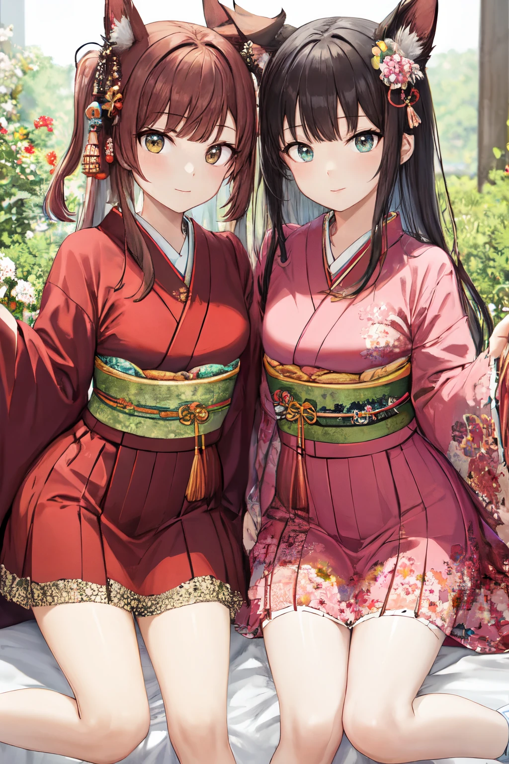 <lora:clonealike:1>clonealike, 2girls, multiple girls, kimono, japanese clothes, sitting, looking at viewer